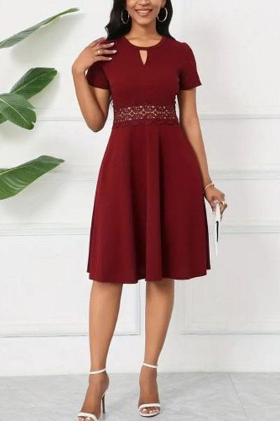 Mossta Round Neck Waist Detailed Crepe Dress - Claret Red
