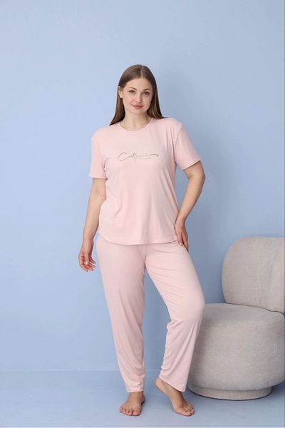 Pijamoni Women's Plus Size Salmon Color Short Sleeve Dublin Fabric Pajamas Set – 5425