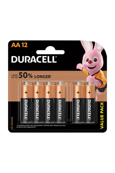 Duracell بطارية قلوية AA مكونة من 12 قطعة باللونين الأسود والنحاسي