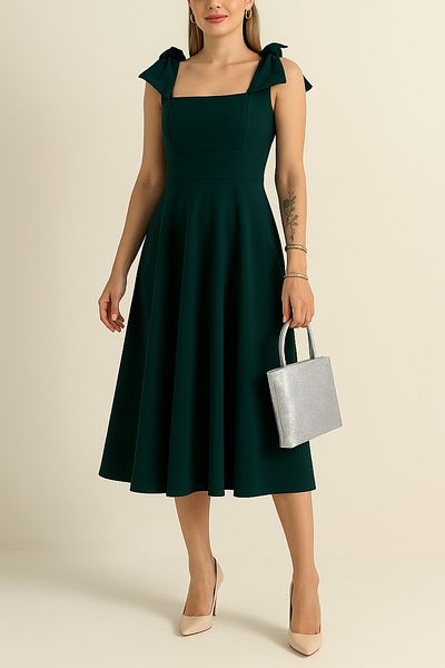 MILANOFOX Skuba Women's Emerald Dress with Shoulder Bow - Summer Stylish Midi Dress