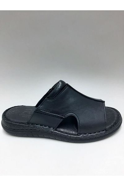 PEKER Genuine Leather Black Daily Open Toe Comfortable Sole Men's Slippers