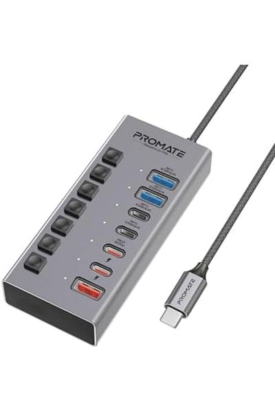 Promate 7-in-1 USB-C MultiPort Hub, Dual 10Gbps USB-C Ports, Dual 10Gbps USB-A Ports, Fast Charging