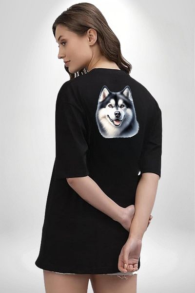 Angemiel Strong Siberian Husky Dog Large Breed Black Oversize Women Men Front and Back Printed T-Shirt