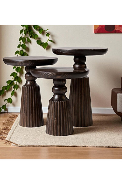 ASELYA HOME Doğal Ahşap 3’lü Set Mantar Yan Sehpa Modern Ceviz Renk Fiskos Zi...