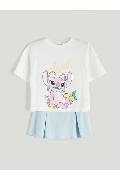 LC Waikiki Lcw Kids Blue Crew Neck Angel Printed Girl's T-Shirt and Skirt