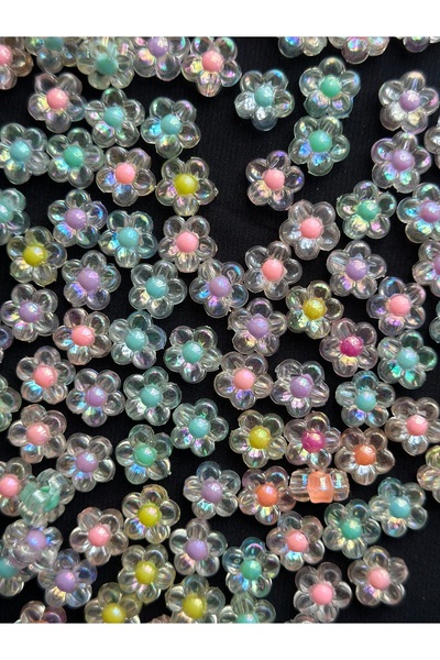 Bijumix Aksesuar 25 Adet 12 mm Şeffaf Beyaz Ortası Karışık Renkli Çiçek Boncuk