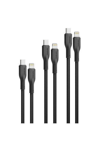 Promate مجموعة من 3 كابلات USB-C™ إلى USB-C™، كابلات ثلاثية فائقة السرعة مع توصيل طاقة 60 وات، لين