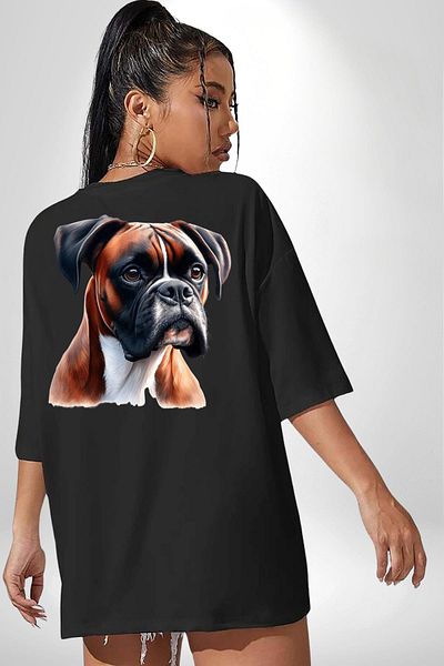 Angemiel Energetic Boxer Dog Design Black Oversize Women's Men's Front and Back Printed T-Shirt