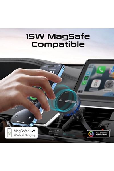 Promate Magnetic Wireless Car Charger Mount, 15W Qi2-certified MagSafe