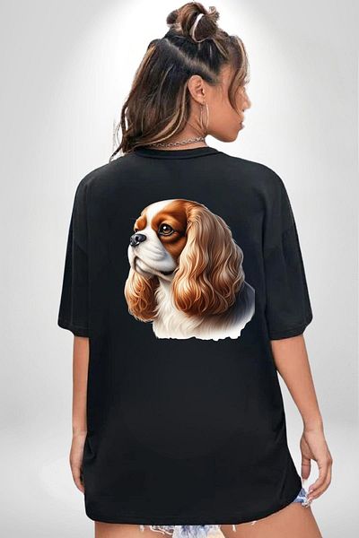 Angemiel Cavalier King Charles Spaniel Dog Design Black Oversize Women's Men's Front and Back Printed T-Shirt