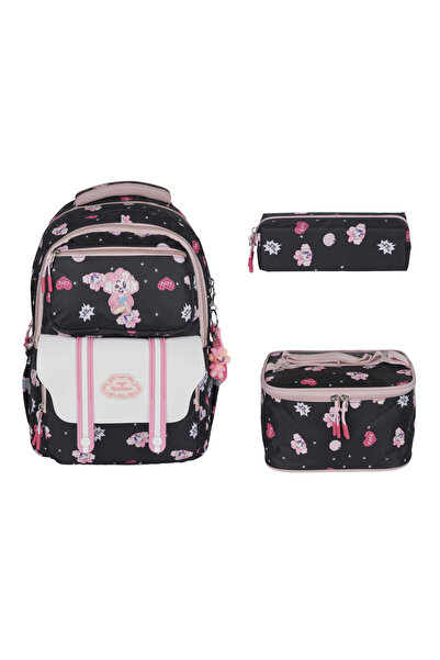 FATELLA Korean Style Black Pink Patterned Girl's Primary School Bag Set Set o...