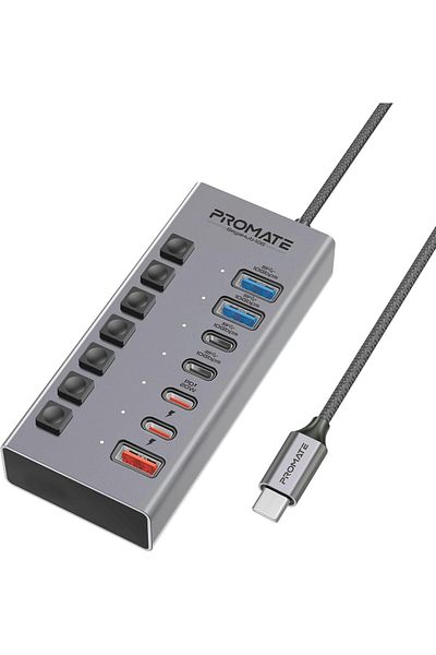 Promate 7-in-1 USB-C MultiPort Hub, Dual 10Gbps USB-C Ports, Dual 10Gbps USB-A Ports, Fast Charging