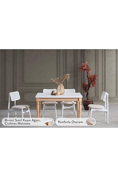 Vivense VERA ÇİZİLMEZ AÇILIR MASA TAKIMI, BEYAZ MEŞE, 110X70