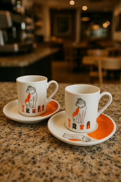 RGS HOMELİFE Rgs Homelife - Special Design 6-Piece Porcelain Coffee Cup Set with Cat Pattern 12 Pieces "100% Domestic Product"