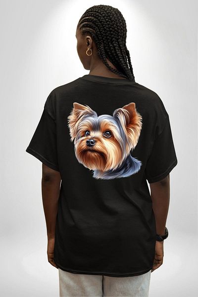 Angemiel Yorkshire Terrier Teacup Mini Dog Love Black Oversize Women Men Front and Back Printed T-Shirt