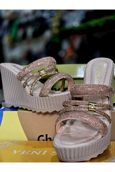 trendnisa Women's Stone Banded Wedge Heeled Slippers