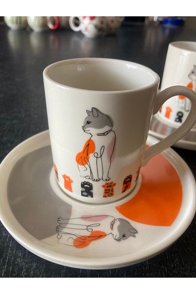 RGS HOMELİFE Rgs Homelife - Special Design 2-Piece Cat Patterned Porcelain Coffee Cup Set 4 Pieces "100% Domestic Product"