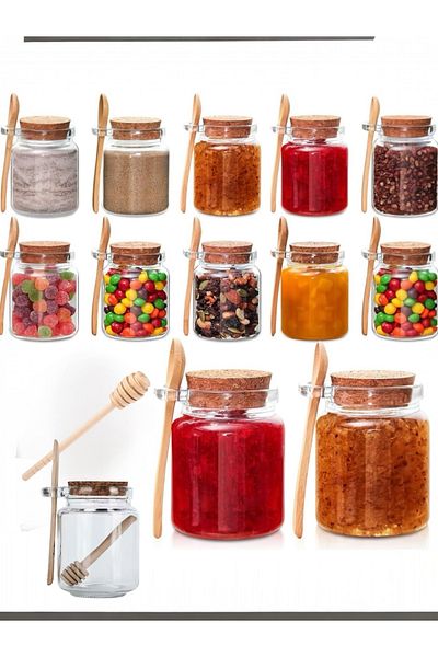 Yenigeldi 1 Piece 350 ml Glass Jar with Cork Lid, Spoon and Honey Spoon Gift