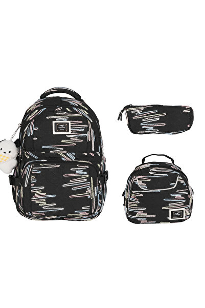 FATELLA Girl's Zigzag Patterned Black 3-Piece School Bag – Korean Style, Plus...