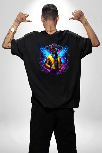 Angemiel Electronic Music and Wings New Generation Design Black Oversize Women Men Front and Back Printed T-Shirt