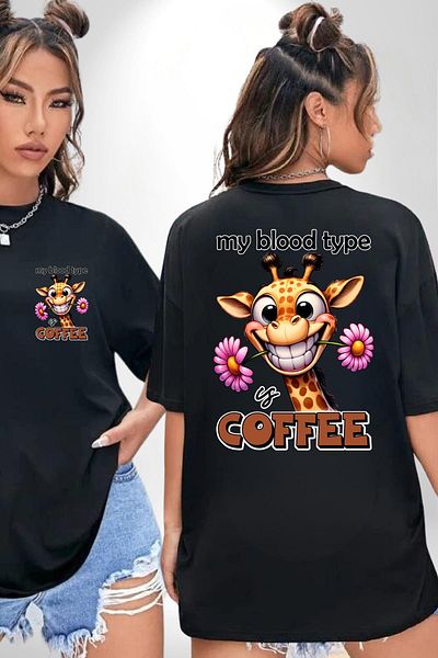 Angemiel Coffee Passion Love Giraffe Flower Black Oversize Women's Men's Front and Back Printed T-Shirt