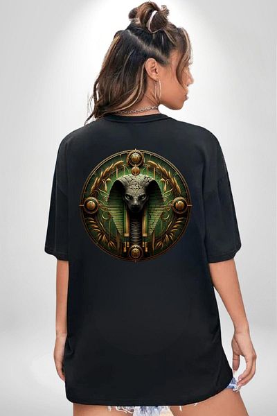 Angemiel Egyptian Mythology Renenutet Nature and Protection Black Oversize Women Men Front and Back Printed T-Shirt