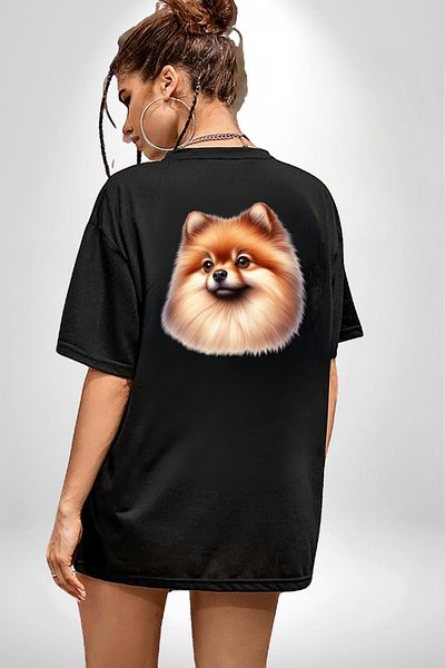 Angemiel Pomeranian Cute Sweet Popular Dog Design Black Oversize Women Men Front and Back Printed T-Shirt