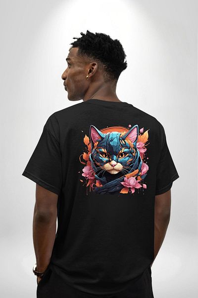 Angemiel Robotic Cat Cyberpunk Cyber Cat Black Oversize Women's Men's Front and Back Printed T-Shirt