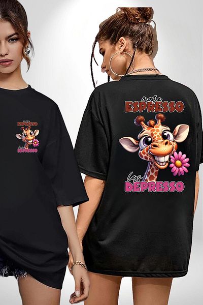 Angemiel Espresso Coffee and Happiness Black Oversize Women's Men's Front and Back Printed T-Shirt