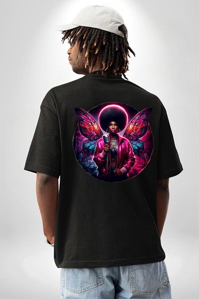 Angemiel Black Oversize Women's Men's Front and Back Printed T-Shirt with Pink Shiny Wings