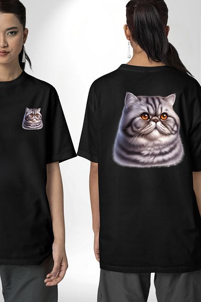Angemiel Persian Cat Black Oversize Women's Men's Front and Back Printed T-Shirt