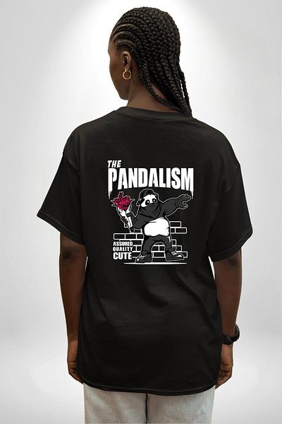 Angemiel Panda Art Vandalism Flower Throwing Bear Black Oversize Women Men Front and Back Printed T-Shirt
