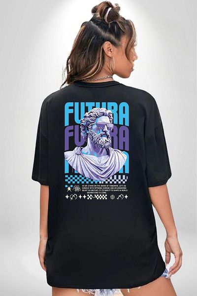 Angemiel Mythological Future Futura Technology Black Oversize Women's Men's Front and Back Printed T-Shirt