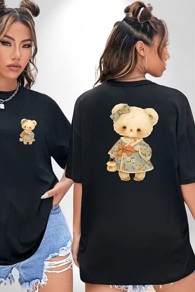 Angemiel Flower Patterned Dress Teddy Bear Black Oversize Women's Men's Front and Back Printed T-Shirt