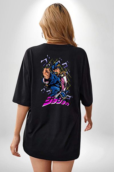 Angemiel Jojo's Bizarre Adventure Jotaro Anime Character Black Oversize Women Men Front and Back Printed T-Shirt
