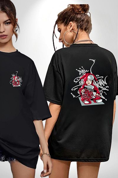 Angemiel Love and Innocence of Art Graffiti Rabbit Black Oversize Women Men Front and Back Printed T-Shirt