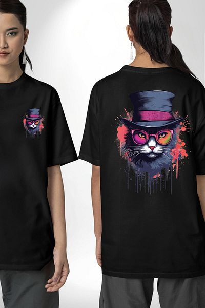 Angemiel Asi Graffiti Inspired Glasses Cat Black Oversize Women's Men's Front and Back Printed T-Shirt