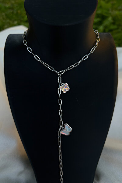 MİLSO قلادة على شكل حرف Y من الفولاذ الأنيق مع تفاصيل فراشة ثلاثية الأبعاد