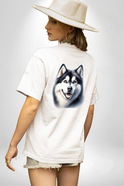 Angemiel Strong Siberian Husky Dog Large Breed White Oversize Women Men Front and Back Printed T-Shirt