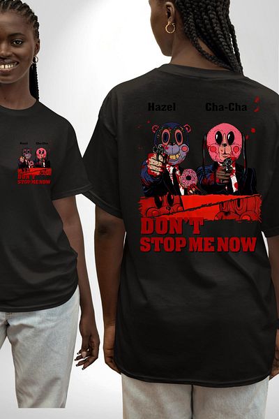 Angemiel  Bear & Bunny with Bloody Donuts Black Oversize Women Men Front and Back Printed T-Shirt