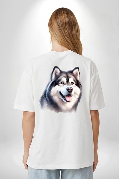 Angemiel Alaskan Malamute Dog Design White Oversize Women's Men's Front and Back Printed T-Shirt