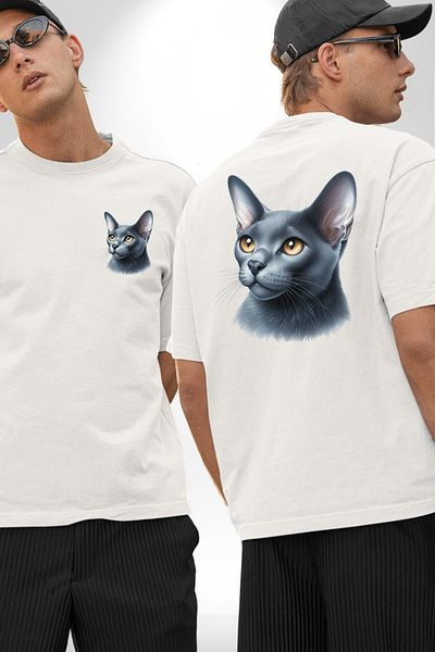 Angemiel Blue Russian Cat White Oversize Women's Men's Front and Back Printed T-Shirt