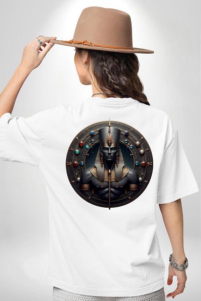 Angemiel تي شيرت Anhur Egyptian God of War and Hunting أبيض كبير الحجم للنساء والرجال مطبوع من الأمام والظهر