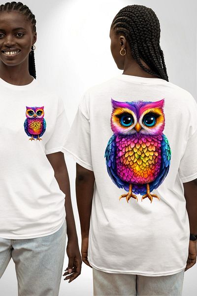 Angemiel تي شيرت مطبوع عليه Owl White مقاس كبير للنساء والرجال من الأمام والظهر
