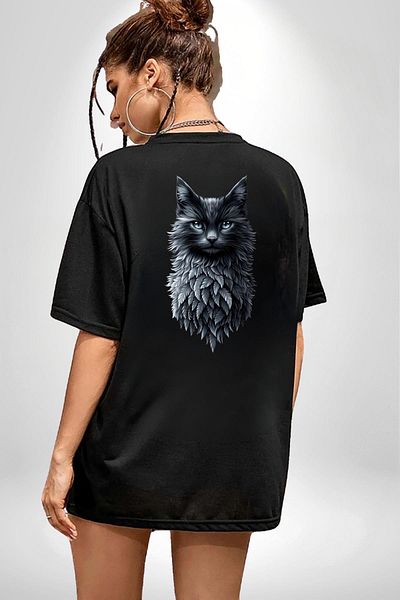 Angemiel Gothic Spirit Nature and Cat Black Oversize Women's Men's Front and Back Printed T-Shirt
