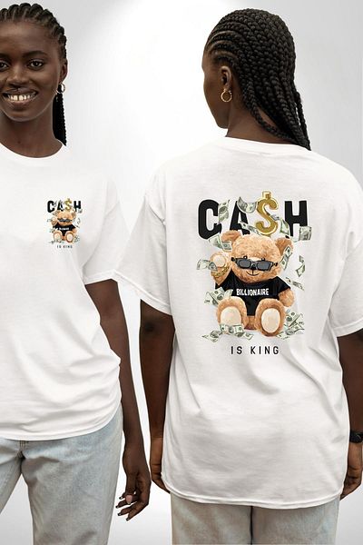Angemiel Cash King Bear Billionaire Design White Oversize Women Men Front and Back Printed T-Shirt