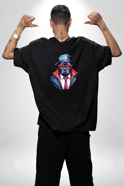 Angemiel Stylish Cool Suit Dog with Hat Black Oversize Women Men Front and Back Printed T-Shirt