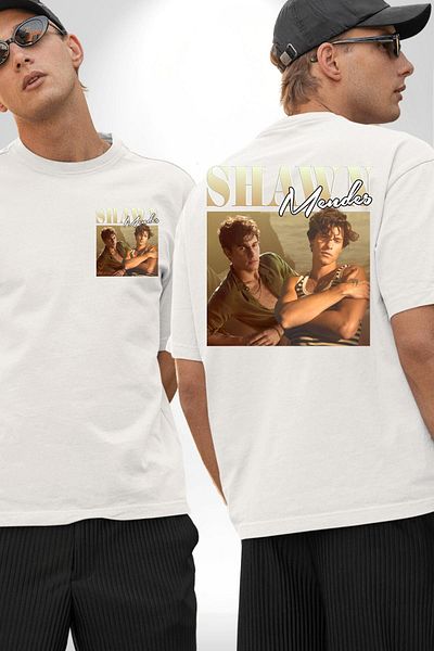Angemiel تي شيرت Shawn Mendes Fan Fashion Rock أبيض كبير الحجم للنساء والرجال مطبوع من الأمام والظهر