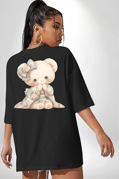 Angemiel Nostalgic Cute Teddy Bear in Pastel Tones Black Oversize Women's Men's Front and Back Printed T-Shirt