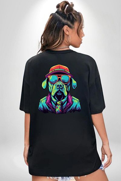 Angemiel Neon Glasses Colorful Style Dog Black Oversize Women's Men's Front and Back Printed T-Shirt